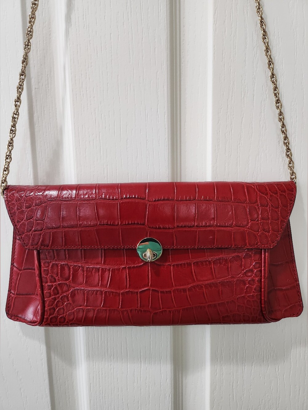 Suasti by Sunam Red Crocodile Embossed Envelope Crossbody Bag Chain Strap